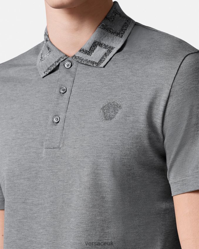 Men Versace Greca Short-Sleeved Polo Shirt 6D2D061358 Gray Clothing