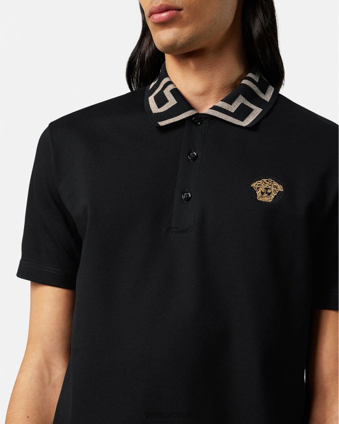 Men Versace Greca Short-Sleeved Polo Shirt 6D2D061375 Black Clothing