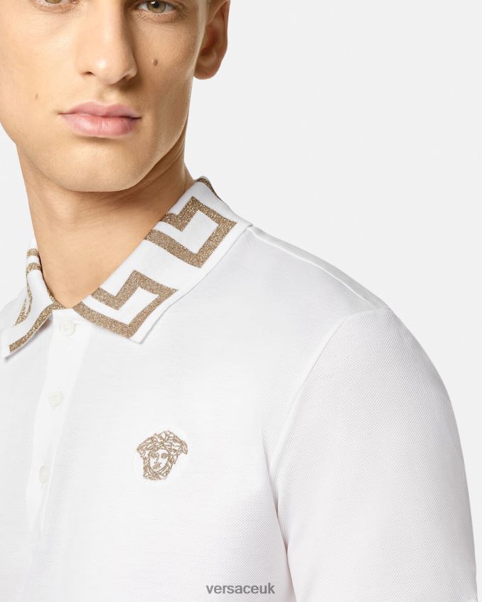 Men Versace Greca Short-Sleeved Polo Shirt 6D2D061376 White Clothing