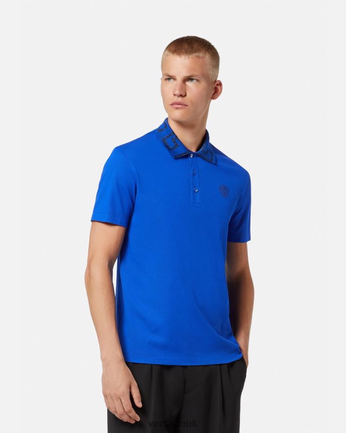 Men Versace Greca Short-Sleeved Polo Shirt 6D2D061386 Blue Clothing