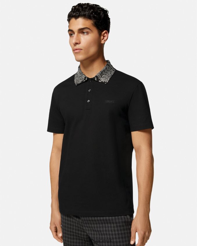 Men Versace Studded Short-Sleeved Polo Shirt 6D2D061391 Black Clothing