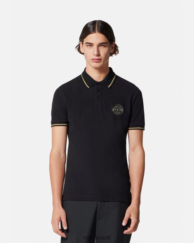 Men Versace V-Emblem Polo Shirt 6D2D062363 Black & Gold Clothing