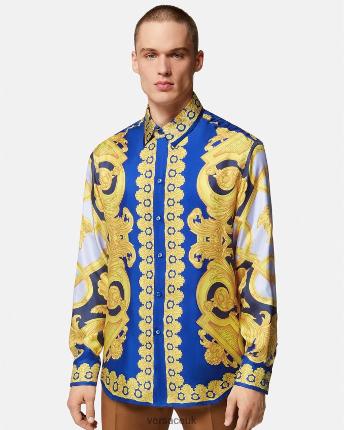 Men Versace Barocco 660 Cotton Shirt 6D2D061321 Blue & Gold Clothing