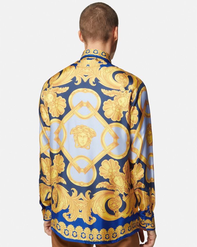 Men Versace Barocco 660 Cotton Shirt 6D2D061321 Blue & Gold Clothing