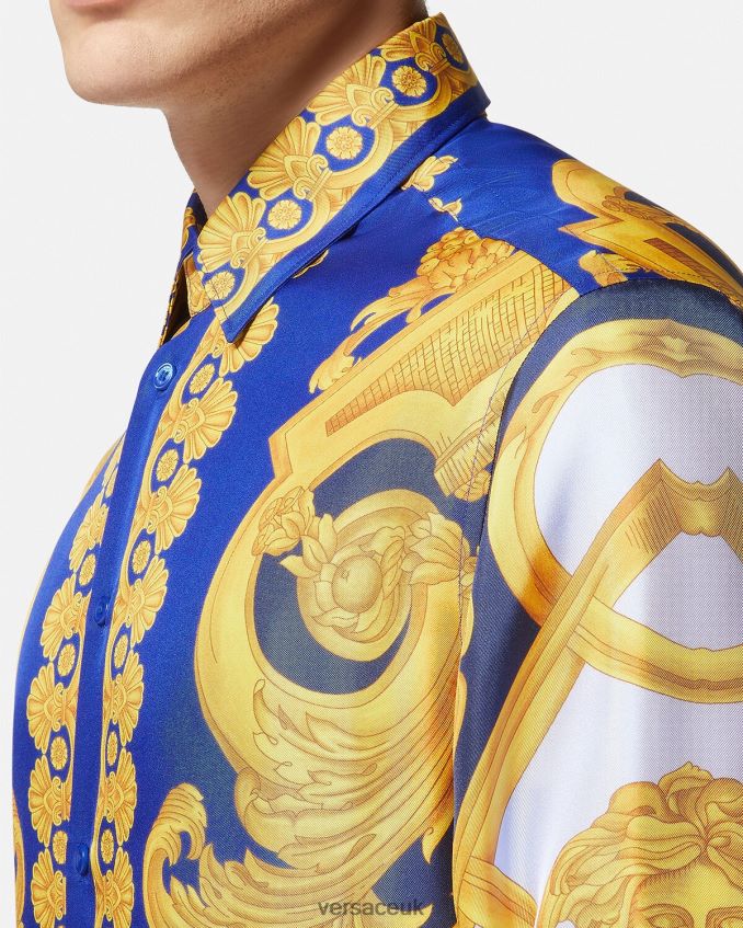 Men Versace Barocco 660 Cotton Shirt 6D2D061321 Blue & Gold Clothing