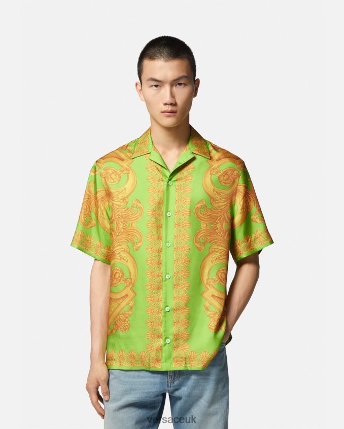 Men Versace Barocco 660 Silk Shirt 6D2D061317 Gold & Green Clothing