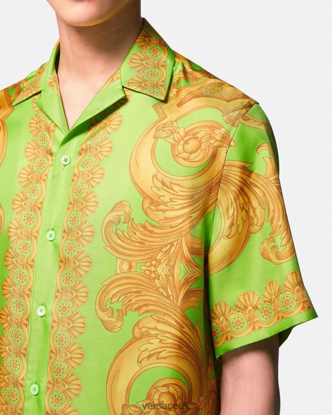 Men Versace Barocco 660 Silk Shirt 6D2D061317 Gold & Green Clothing