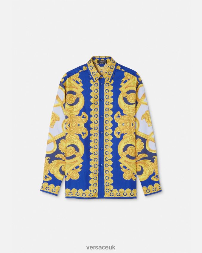 Men Versace Barocco 660 Silk Shirt 6D2D061318 Blue & Gold Clothing
