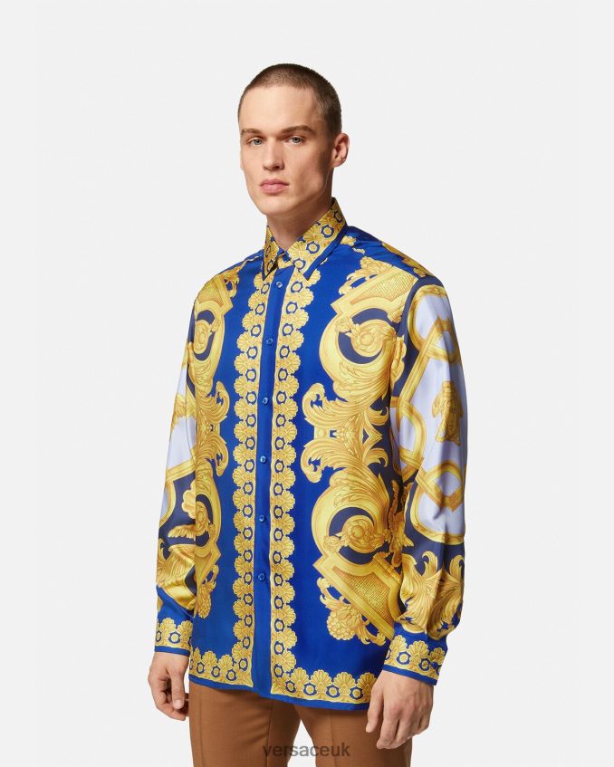 Men Versace Barocco 660 Silk Shirt 6D2D061318 Blue & Gold Clothing