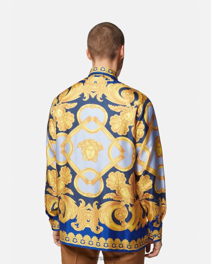 Men Versace Barocco 660 Silk Shirt 6D2D061318 Blue & Gold Clothing