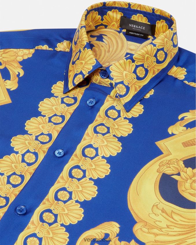 Men Versace Barocco 660 Silk Shirt 6D2D061318 Blue & Gold Clothing