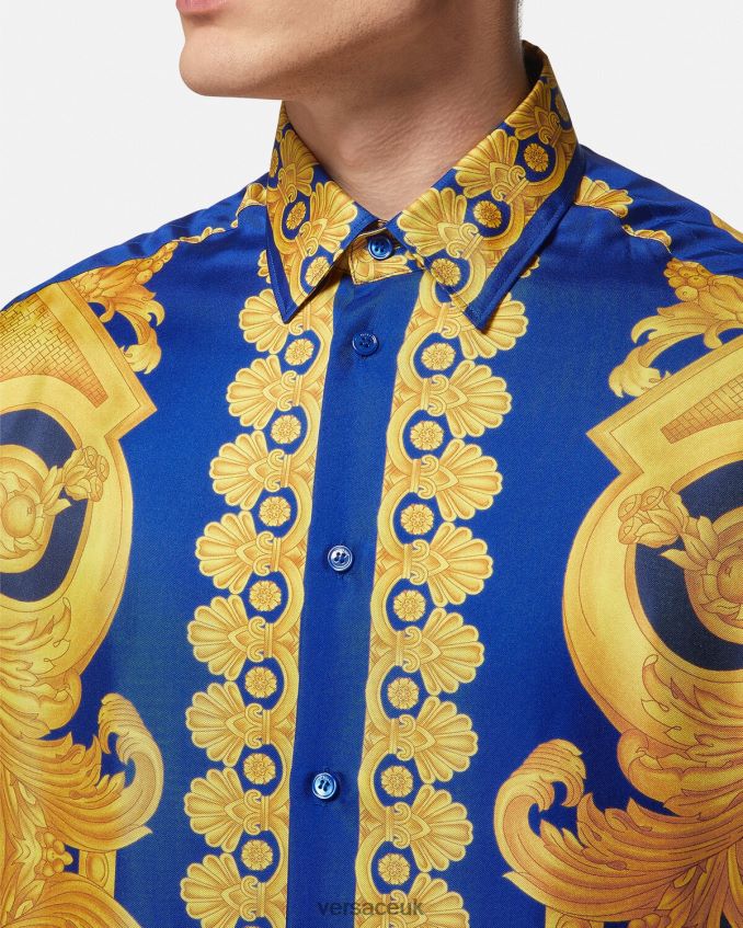 Men Versace Barocco 660 Silk Shirt 6D2D061318 Blue & Gold Clothing