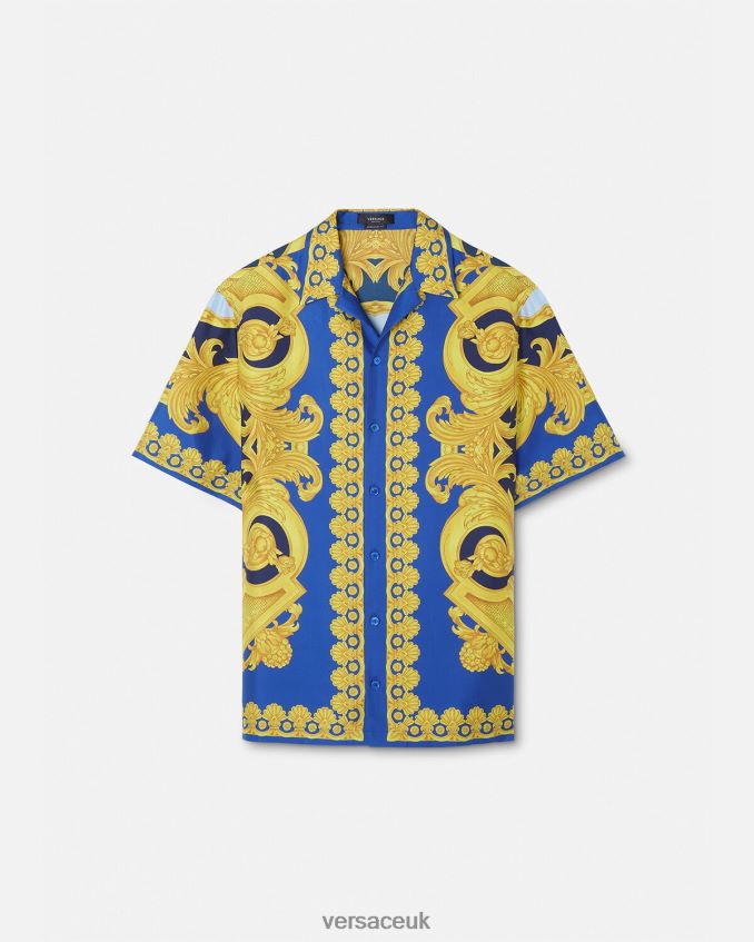 Men Versace Barocco 660 Silk Shirt 6D2D061319 Blue & Gold Clothing