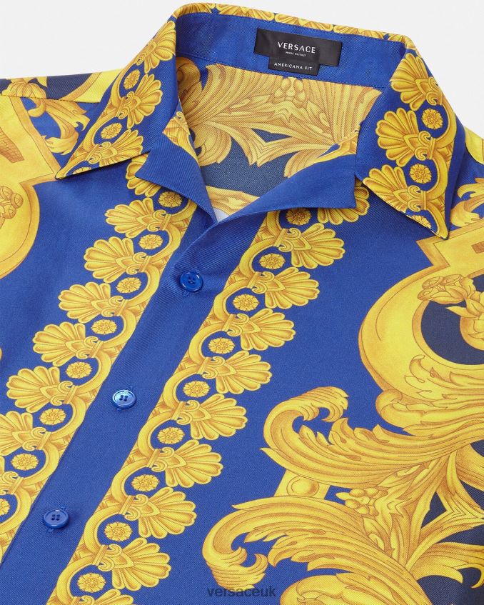 Men Versace Barocco 660 Silk Shirt 6D2D061319 Blue & Gold Clothing