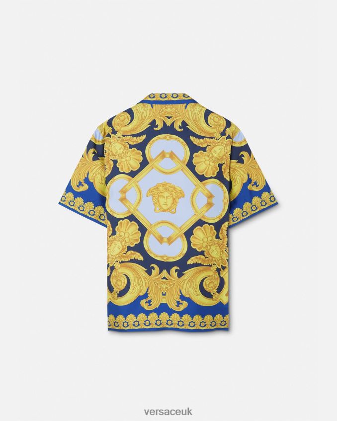 Men Versace Barocco 660 Silk Shirt 6D2D061319 Blue & Gold Clothing