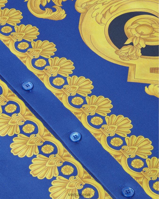 Men Versace Barocco 660 Silk Shirt 6D2D061319 Blue & Gold Clothing