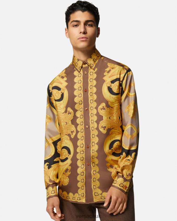 Men Versace Barocco 660 Silk Shirt 6D2D061320 Brown & Gold Clothing
