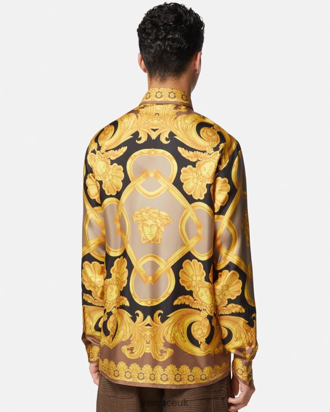 Men Versace Barocco 660 Silk Shirt 6D2D061320 Brown & Gold Clothing