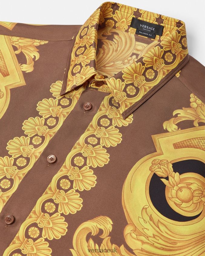 Men Versace Barocco 660 Silk Shirt 6D2D061320 Brown & Gold Clothing