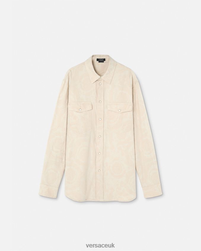 Men Versace Barocco Silhouette Chambray Shirt 6D2D061292 Beige Clothing