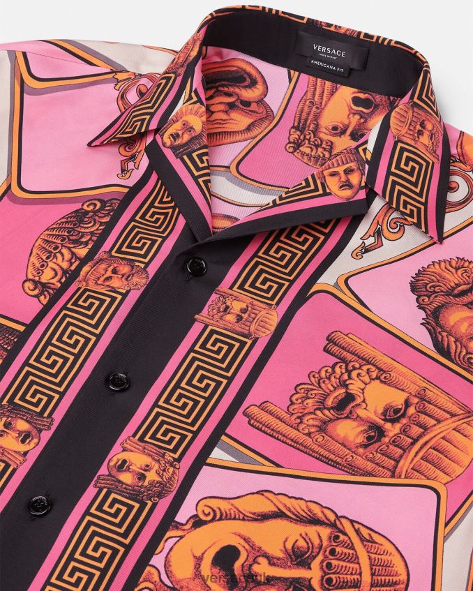Men Versace Le Maschere Silk Shirt 6D2D061307 Pink & Print Clothing