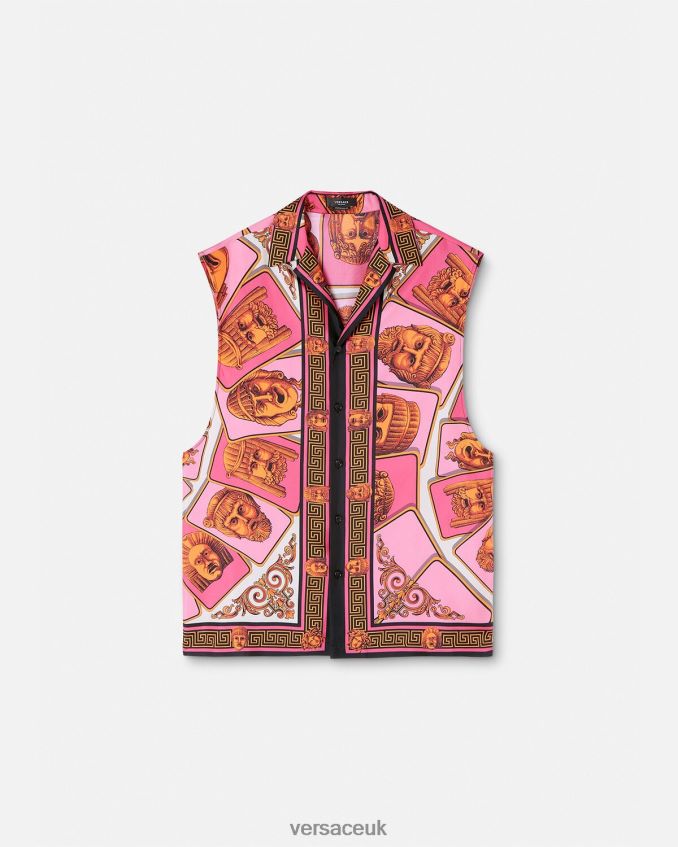 Men Versace Le Maschere Sleeveless Silk Shirt 6D2D061304 Pink & Print Clothing