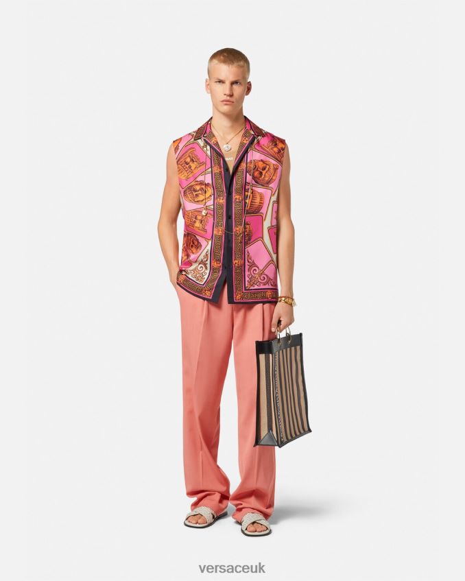 Men Versace Le Maschere Sleeveless Silk Shirt 6D2D061304 Pink & Print Clothing