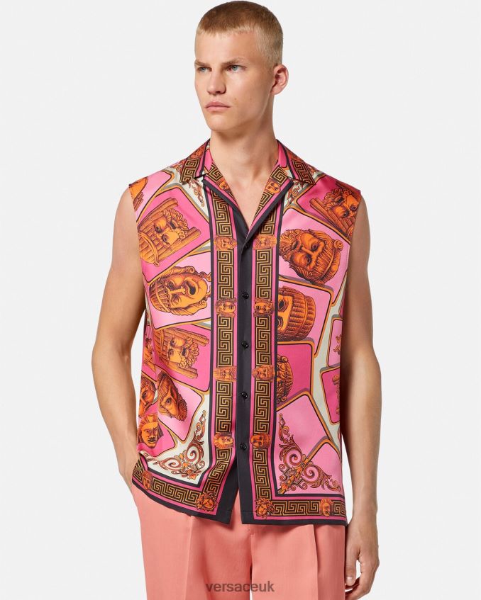 Men Versace Le Maschere Sleeveless Silk Shirt 6D2D061304 Pink & Print Clothing