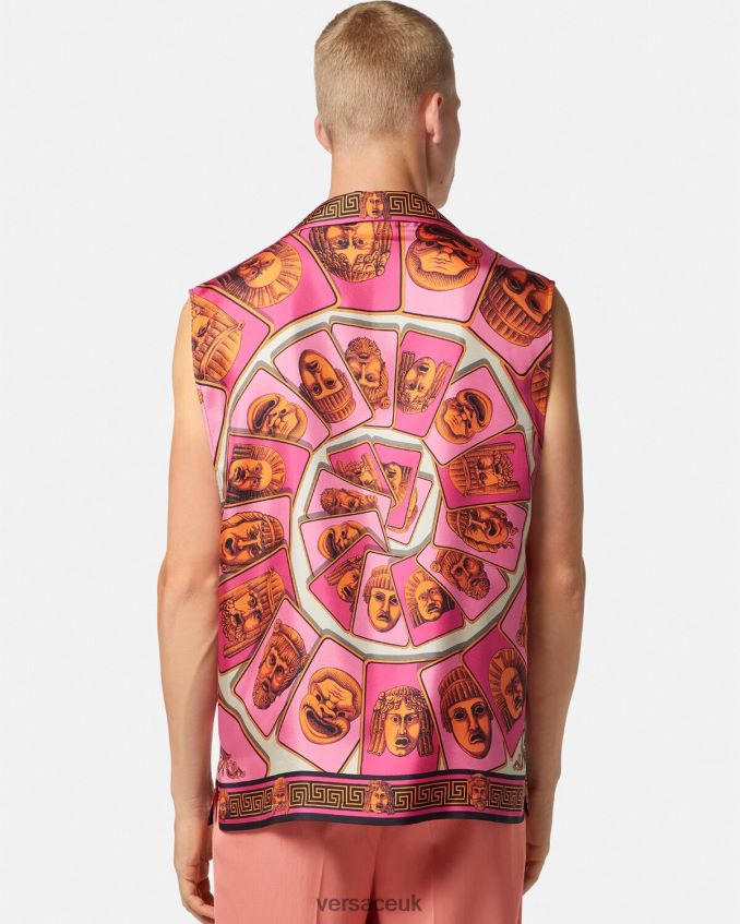 Men Versace Le Maschere Sleeveless Silk Shirt 6D2D061304 Pink & Print Clothing