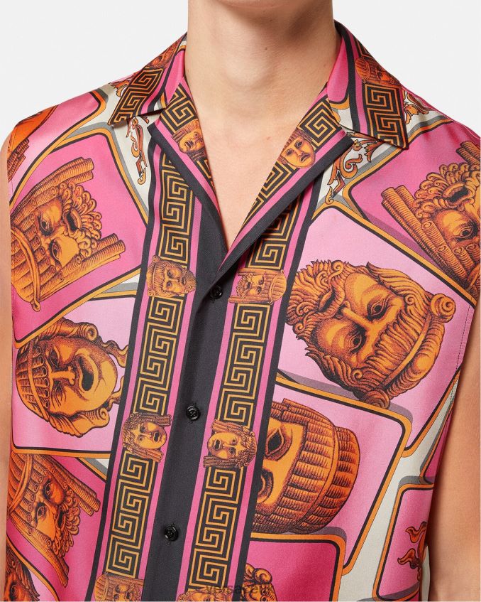 Men Versace Le Maschere Sleeveless Silk Shirt 6D2D061304 Pink & Print Clothing