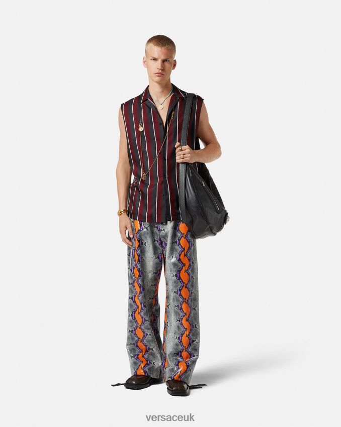 Men Versace Striped Sleeveless Silk Shirt 6D2D061303 Red & Gray Clothing