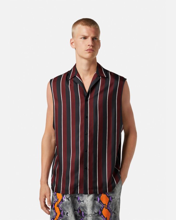 Men Versace Striped Sleeveless Silk Shirt 6D2D061303 Red & Gray Clothing