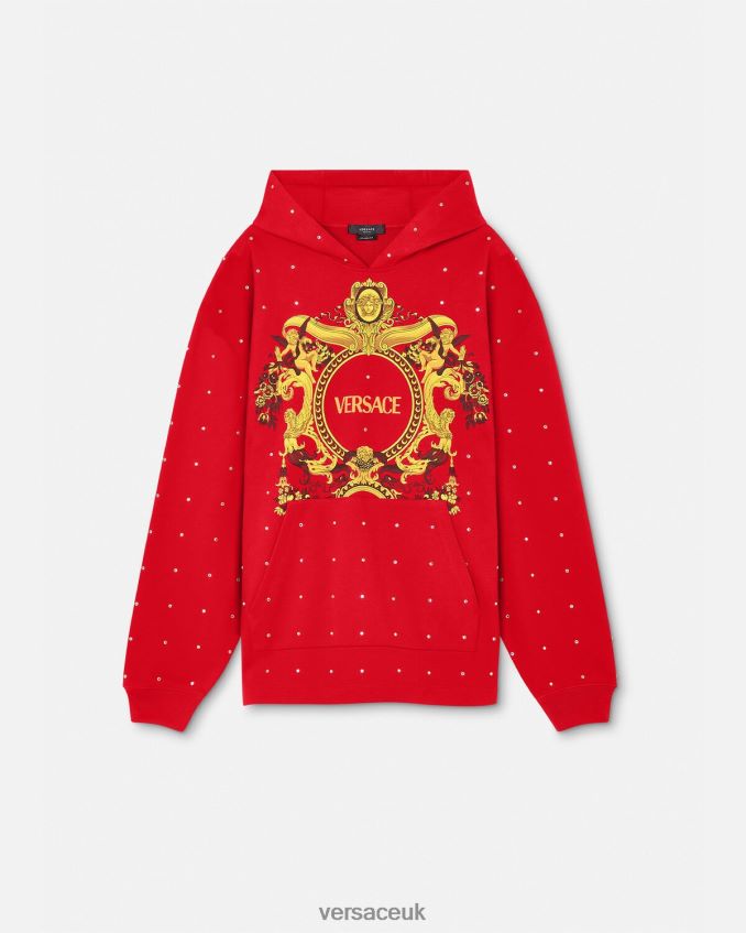 Men Versace Baroque Crystal Grid Hoodie 6D2D061421 Red Clothing