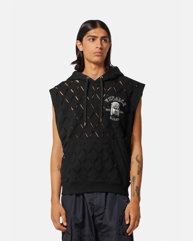 Men Versace Slashed La Maschera Logo Hoodie 6D2D061423 Black Clothing