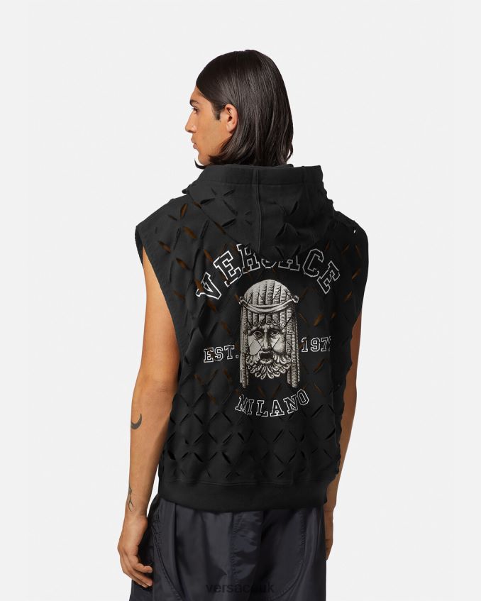Men Versace Slashed La Maschera Logo Hoodie 6D2D061423 Black Clothing