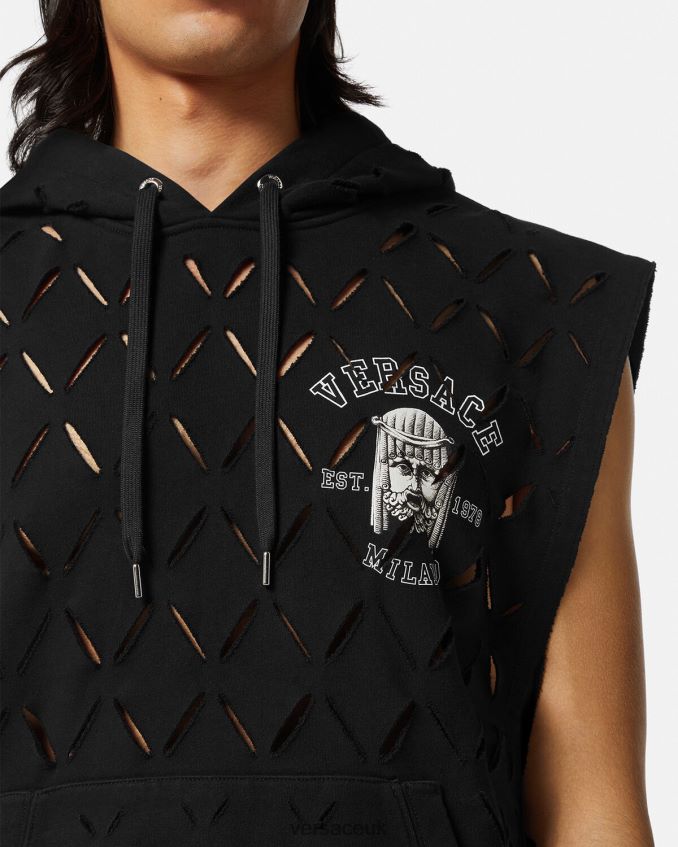 Men Versace Slashed La Maschera Logo Hoodie 6D2D061423 Black Clothing