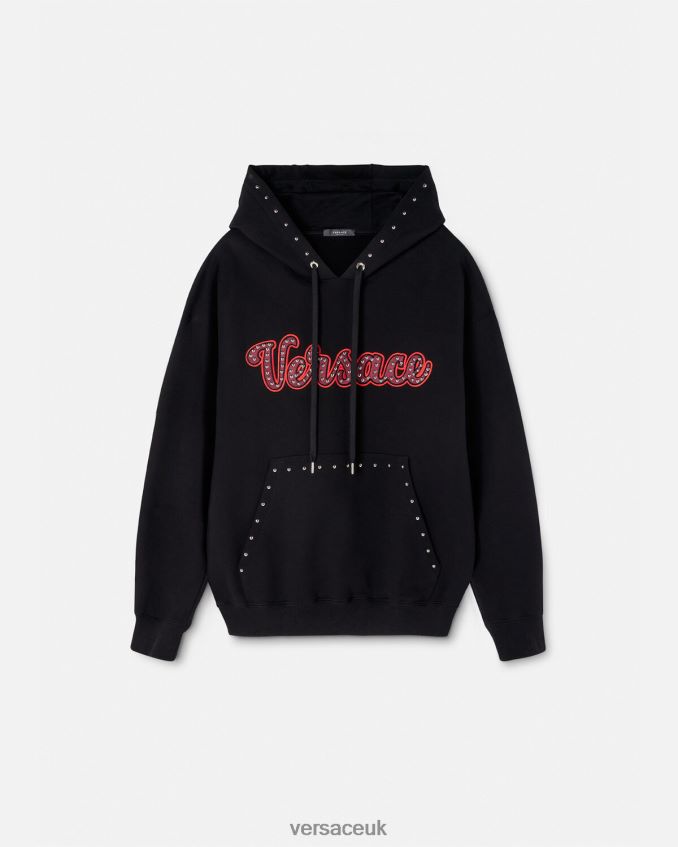 Men Versace Studded Varsity Logo Hoodie 6D2D061425 Black Clothing
