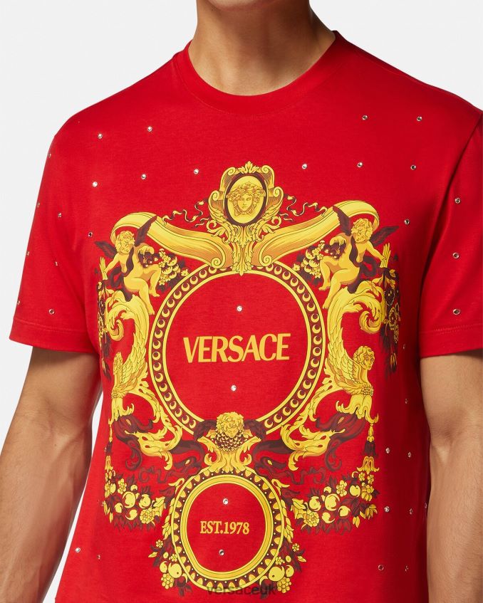 Men Versace Baroque Crystal Grid T-shirt 6D2D061401 Red Clothing