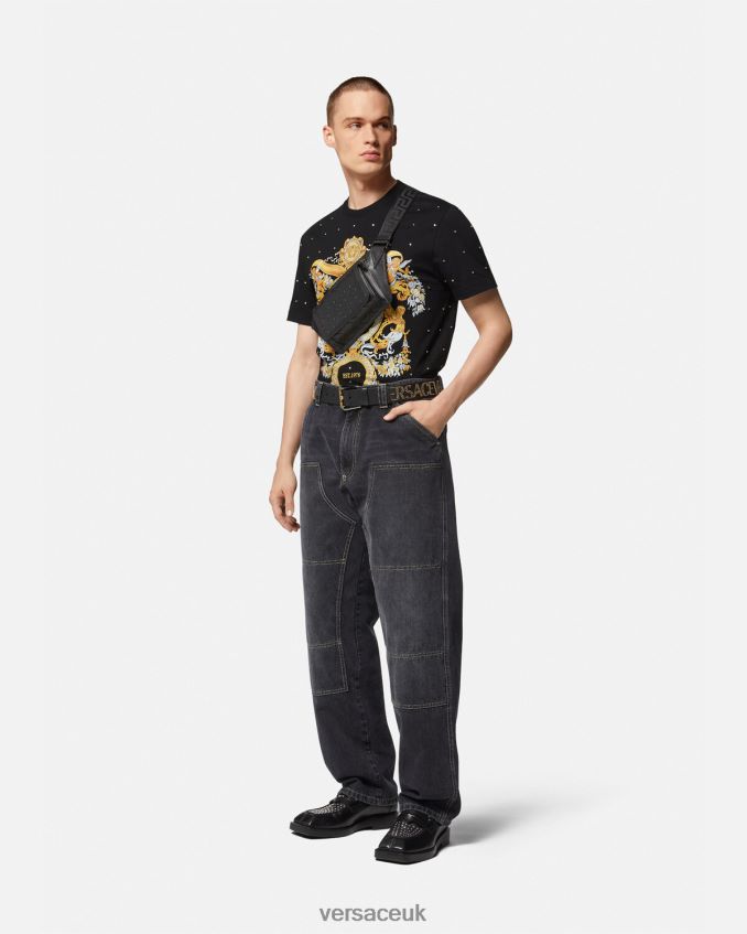 Men Versace Baroque Crystal Grid T-shirt 6D2D061402 Black Clothing