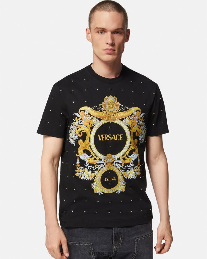 Men Versace Baroque Crystal Grid T-shirt 6D2D061402 Black Clothing
