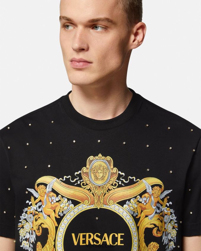 Men Versace Baroque Crystal Grid T-shirt 6D2D061402 Black Clothing