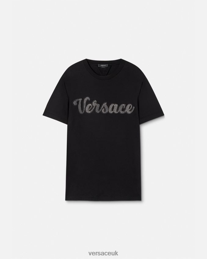 Men Versace Crystal Varsity Logo T-Shirt 6D2D061406 Black Clothing