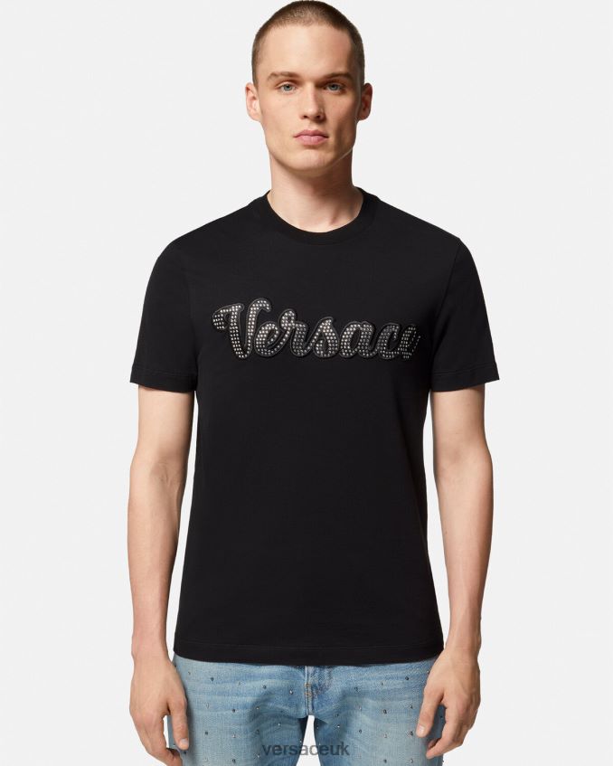 Men Versace Crystal Varsity Logo T-Shirt 6D2D061406 Black Clothing