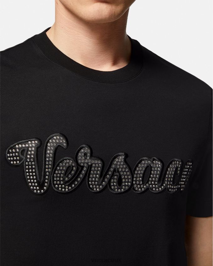 Men Versace Crystal Varsity Logo T-Shirt 6D2D061406 Black Clothing
