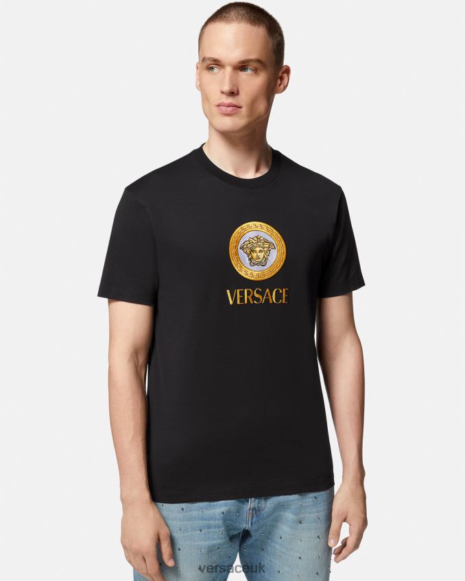 Men Versace Embroidered Medusa Logo T-Shirt 6D2D061399 Black Clothing