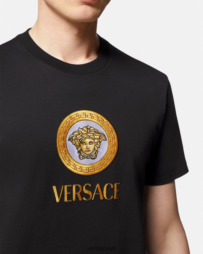 Men Versace Embroidered Medusa Logo T-Shirt 6D2D061399 Black Clothing
