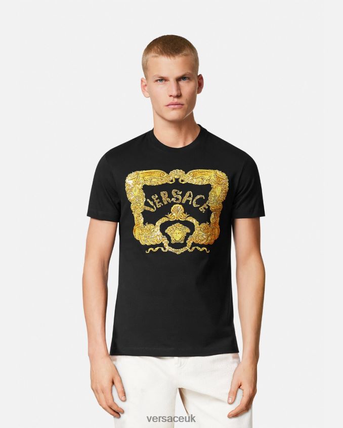 Men Versace Embroidered Seashell Baroque T-Shirt 6D2D061363 Black Clothing