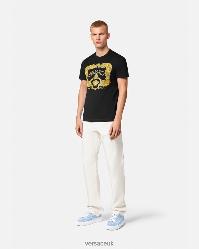 Men Versace Embroidered Seashell Baroque T-Shirt 6D2D061363 Black Clothing