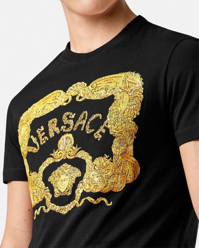 Men Versace Embroidered Seashell Baroque T-Shirt 6D2D061363 Black Clothing
