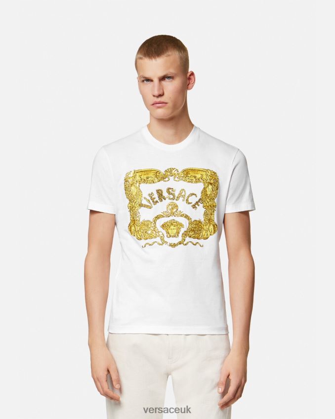 Men Versace Embroidered Seashell Baroque T-Shirt 6D2D061364 White Clothing